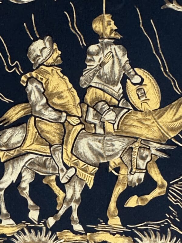 A Gold Etched Carbon Plate painting of men riding horses.